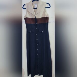 Worthington Linen Blend Vintage Navy, Beige, and Brown Button-Down Maxi Dress